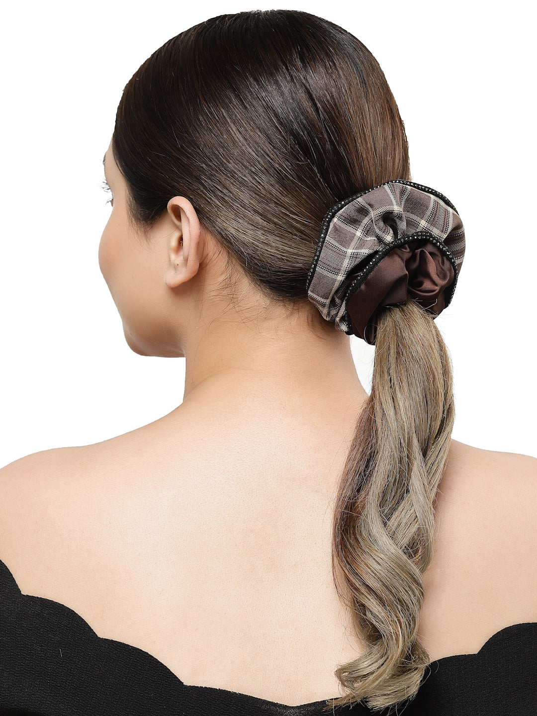 Vogue Hair Accessories Brown Check Satin fabric Scrunchies