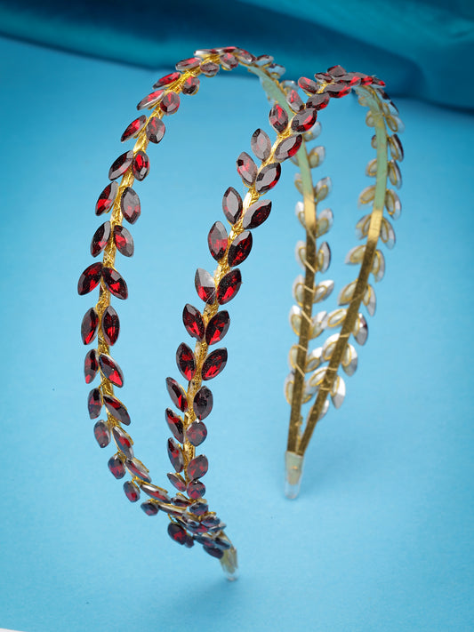 Vogue Hair Accessories Maroon Crystal Double Line Hairband for Women and Girls