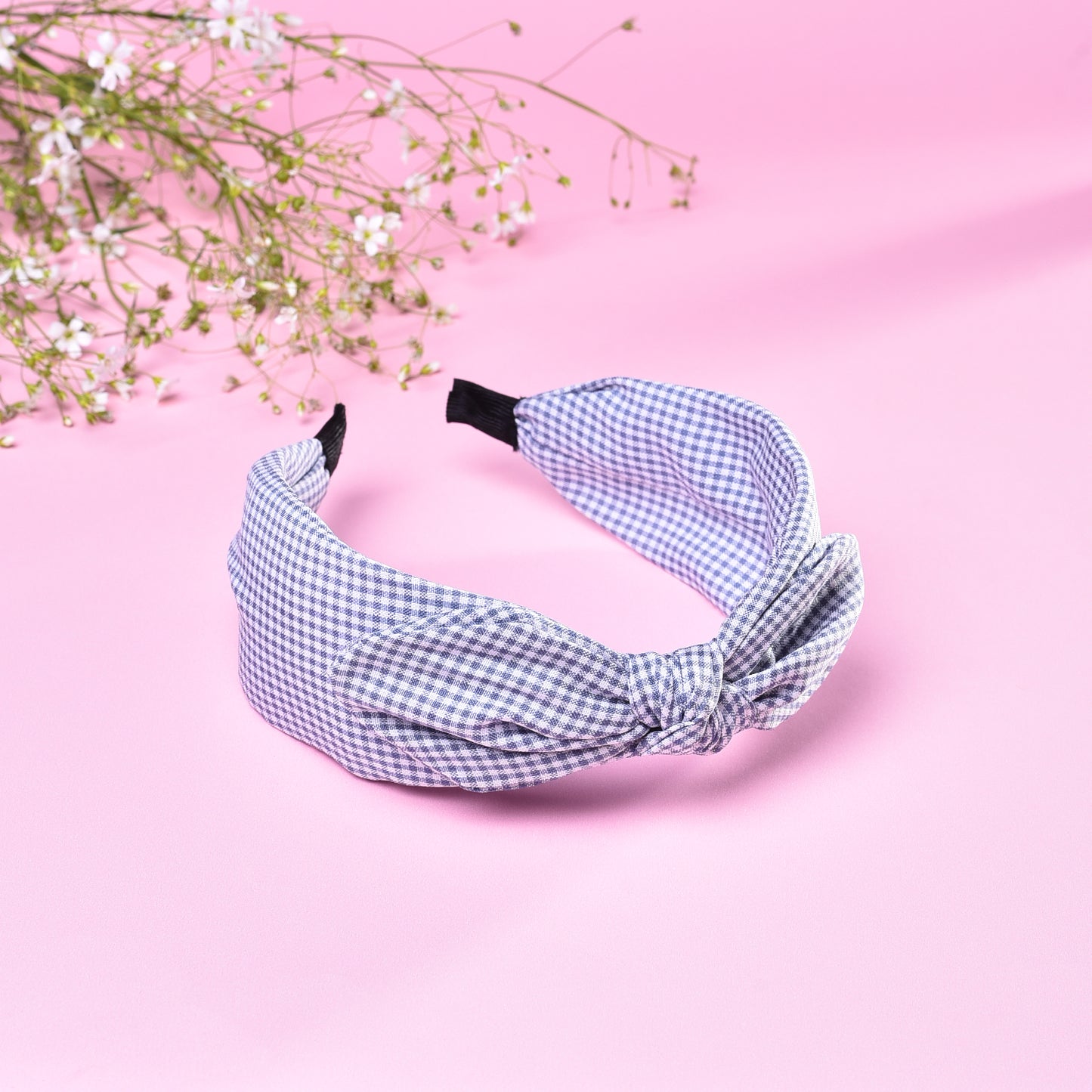 Vogue Hair Accessories Printed Fabric Knot Metal Hairband Headband for Women and Girls (Check Bow)