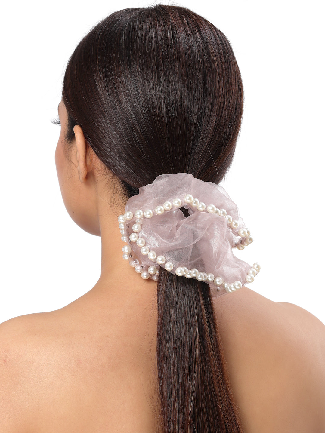 Vogue Hair Accessories Pink And Brown Fancy Party Big Size Scrunchies For Girls and Women Set of 2