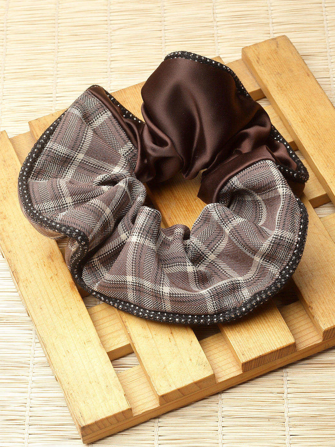 Vogue Hair Accessories Brown Check Satin fabric Scrunchies