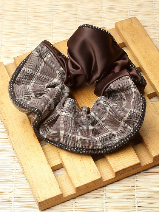 Vogue Hair Accessories Brown Check Satin fabric Scrunchies