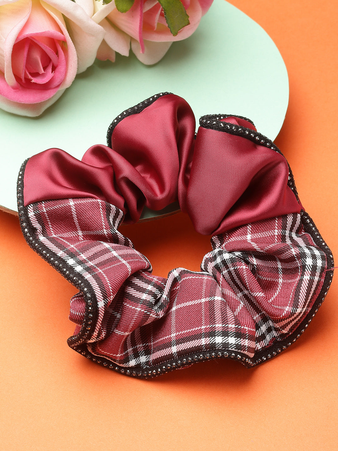 Vogue Hair Accessories Maroon Check Satin fabric Scrunchies
