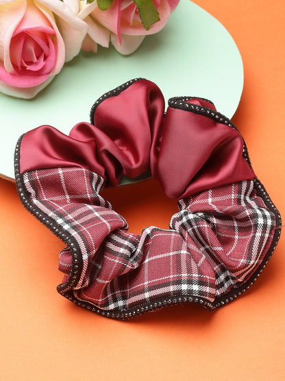 Vogue Hair Accessories Maroon Check Satin fabric Scrunchies