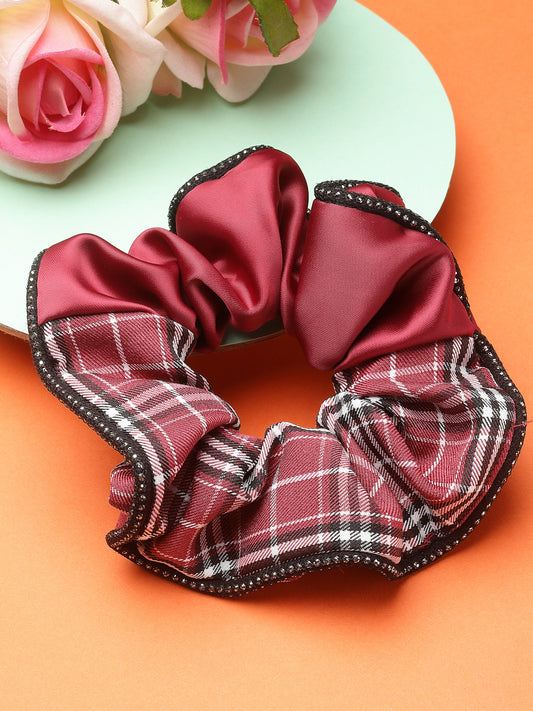Vogue Hair Accessories Maroon Check Satin fabric Scrunchies