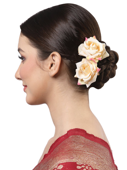 Vogue Hair Accessories Light Weight Rose Flower Bun Maker Juda Pins Hair Accessories (Off-White-2)