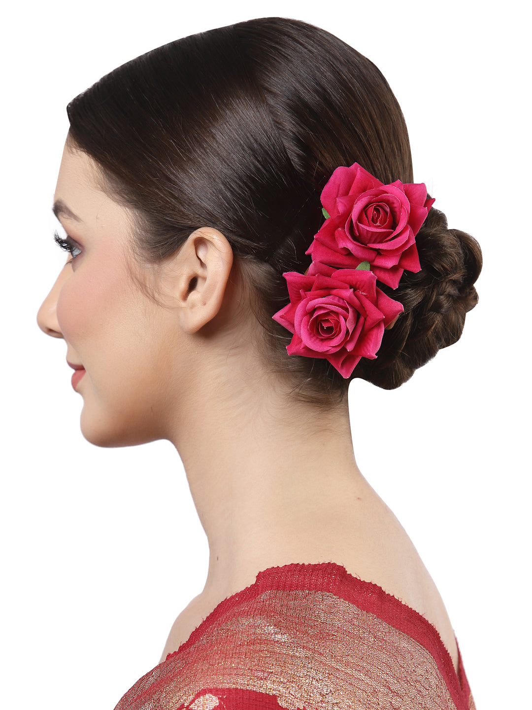 Vogue Hair Accessories Light Weight Rose Flower Bun Maker Juda Pins Hair Accessories (4 Hair Pins) (Dark Pink)