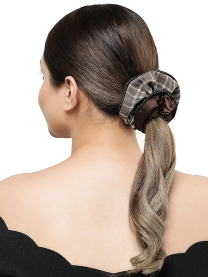 Vogue Hair Accessories Brown Check Satin fabric Scrunchies