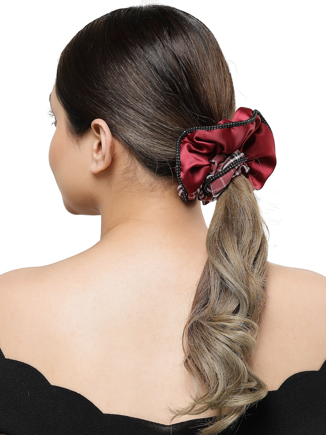 Vogue Hair Accessories Maroon Check Satin fabric Scrunchies