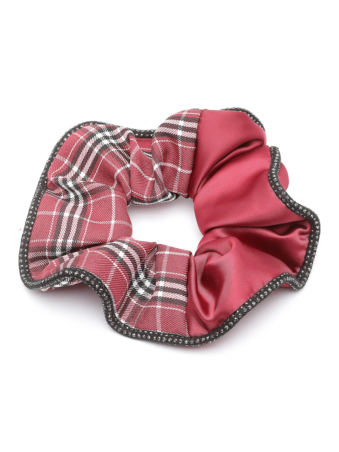 Vogue Hair Accessories Maroon Check Satin fabric Scrunchies