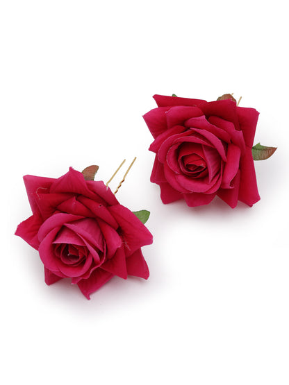Vogue Hair Accessories Light Weight Rose Flower Bun Maker Juda Pins Hair Accessories (4 Hair Pins) (Dark Pink)