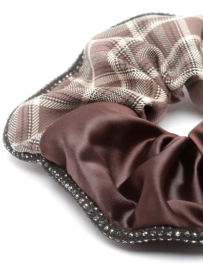 Vogue Hair Accessories Brown Check Satin fabric Scrunchies