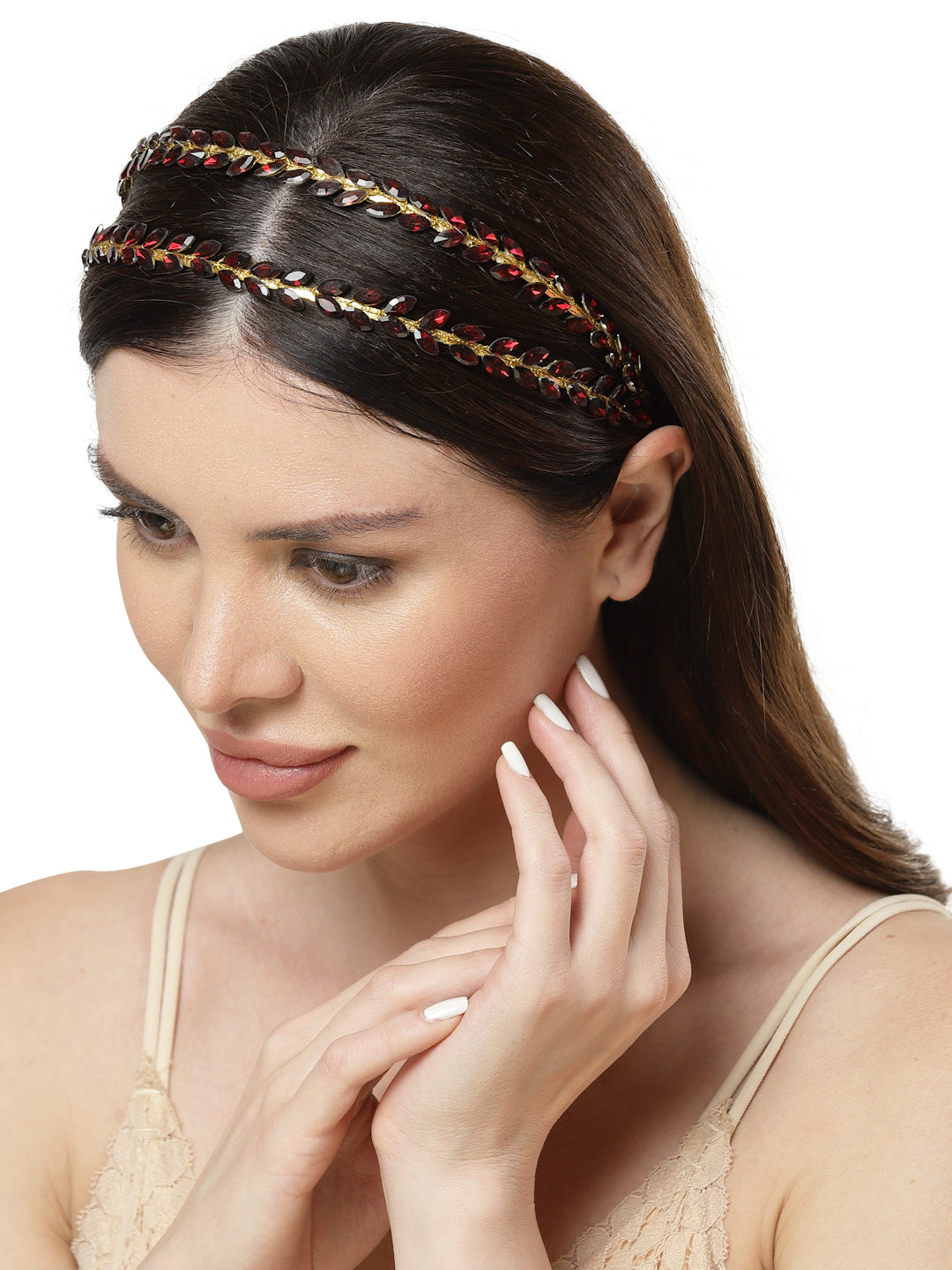 Vogue Hair Accessories Maroon Crystal Double Line Hairband for Women and Girls