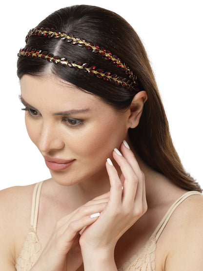 Vogue Hair Accessories Maroon Crystal Double Line Hairband for Women and Girls