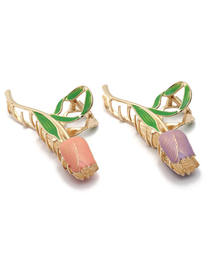 Vogue Hair Accessories Pink And Purple Fancy Party Big Size Clutcher Hair Claw Clip For Girls and Women Set Of 2