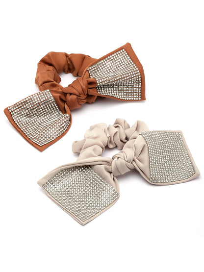 Vogue Hair Accessories Brown And Beige Fancy Party Big Size Bow Scrunchies For Girls and Women Set of 2