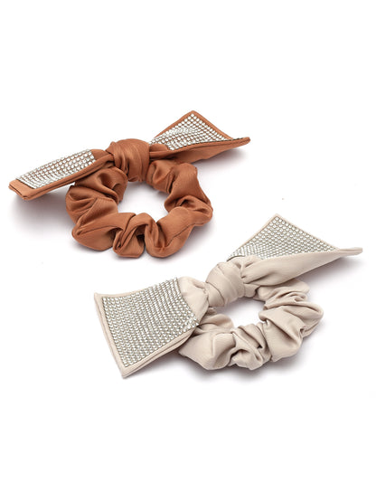 Vogue Hair Accessories Brown And Beige Fancy Party Big Size Bow Scrunchies For Girls and Women Set of 2