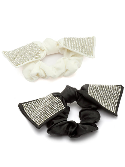 Vogue Hair Accessories Black And White Fancy Party Big Size Bow Scrunchies For Girls and Women Set of 2