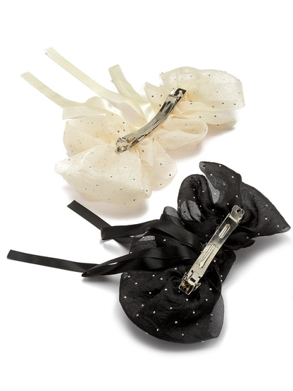 Vogue Hair Accessories Black And Off White Fancy Party Bow Hair Clip Back Clip For Girls and Women Set Of 2