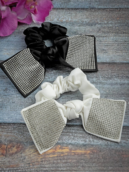 Vogue Hair Accessories Black And White Fancy Party Big Size Bow Scrunchies For Girls and Women Set of 2