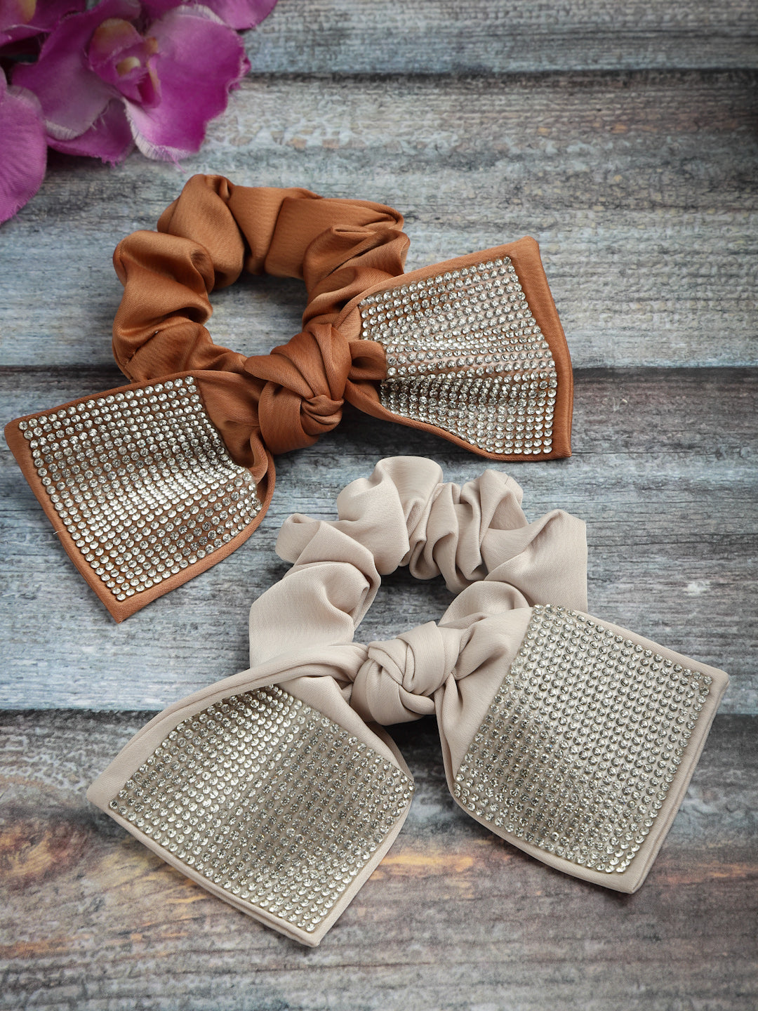 Vogue Hair Accessories Brown And Beige Fancy Party Big Size Bow Scrunchies For Girls and Women Set of 2