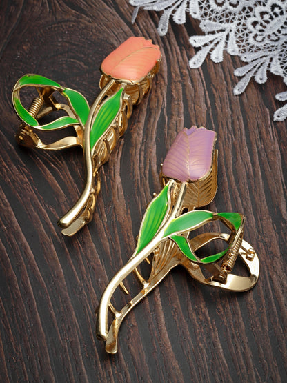 Vogue Hair Accessories Pink And Purple Fancy Party Big Size Clutcher Hair Claw Clip For Girls and Women Set Of 2